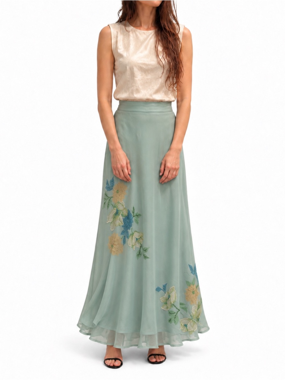 Chadwicks Seafoam Green A-Line silk Skirt with Floral Embroidery
